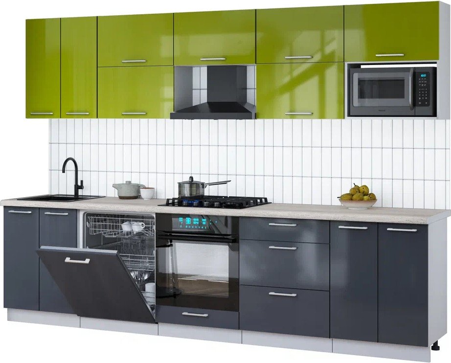 

Готовая кухня Интерлиния Мила Gloss 3.0-ПМ2 (асфальт глянец/яблоко глянец/травертин серый)