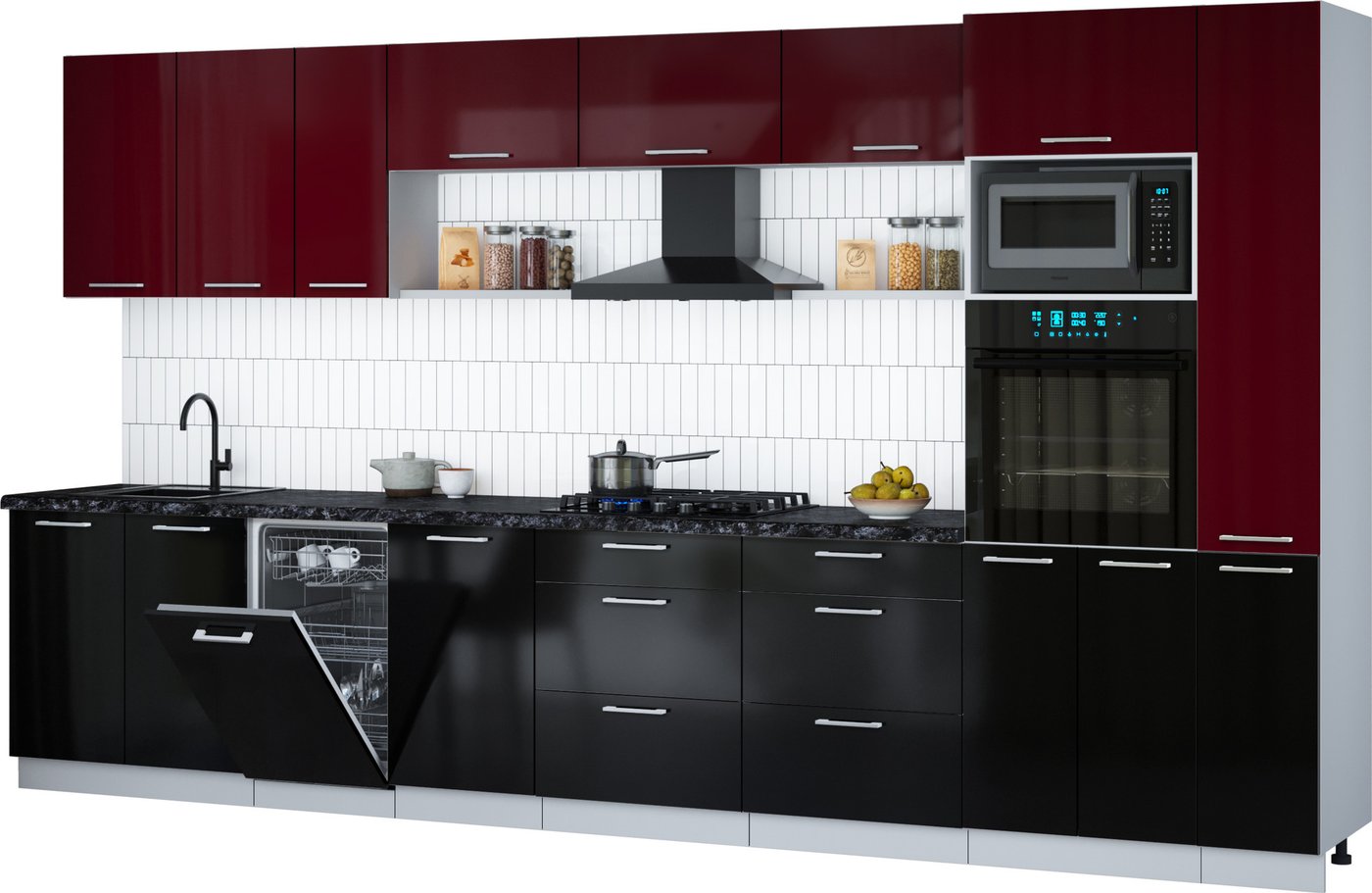 

Готовая кухня Интерлиния Мила Gloss 3.8-ПМ3 (черный глянец/бордовый глянец/кастилло темный)