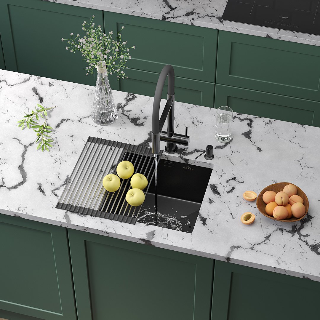 

Кухонная мойка Roxen Uno 560210-44B (440*440) PVD графит под столешницу (с ролл-матом и дозатором)