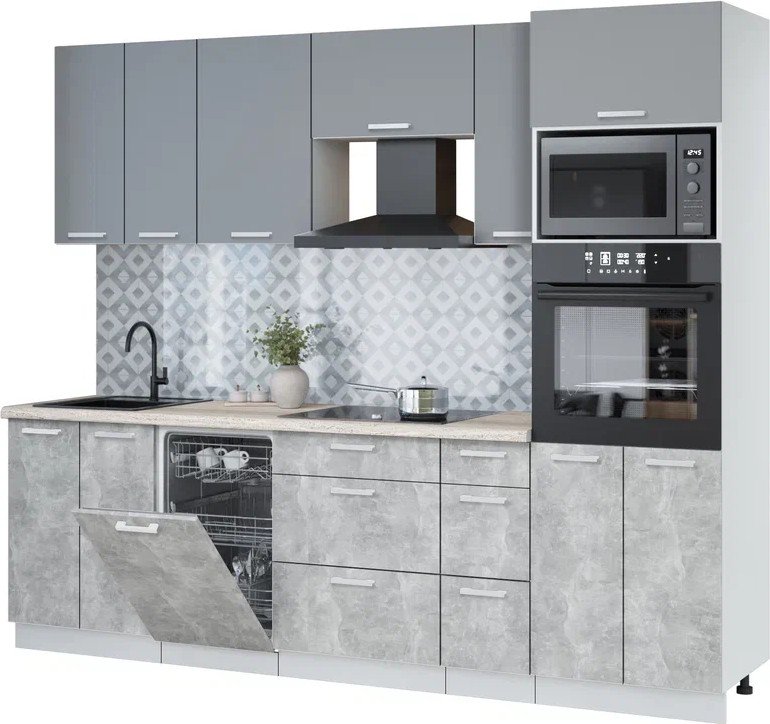 

Готовая кухня Интерлиния Мила Лайт 2.55-ПМ3 (серебро/бетон/травертин серый)