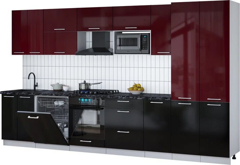 

Готовая кухня Интерлиния Мила Gloss 3.6-ПМ2 (черный глянец/бордовый глянец/кастилло темный)