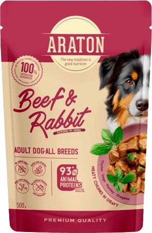 

Консервированный корм для собак Araton Adult Кусочки в соусе с говядиной и кроликом 500 г