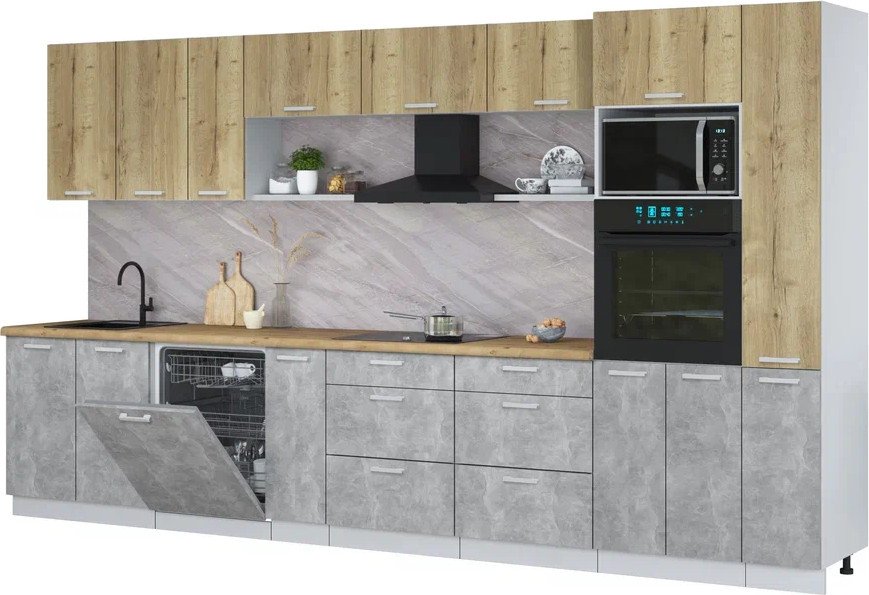 

Готовая кухня Интерлиния Мила Лайт 3.8-ПМ1 (дуб золотой/бетон/дуб бунратти)