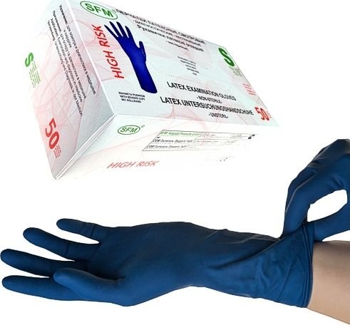 

Латексные перчатки SFM High Risk смотр. нестер. неопудр. текстур. особо прочные (S, 50 шт, синий)