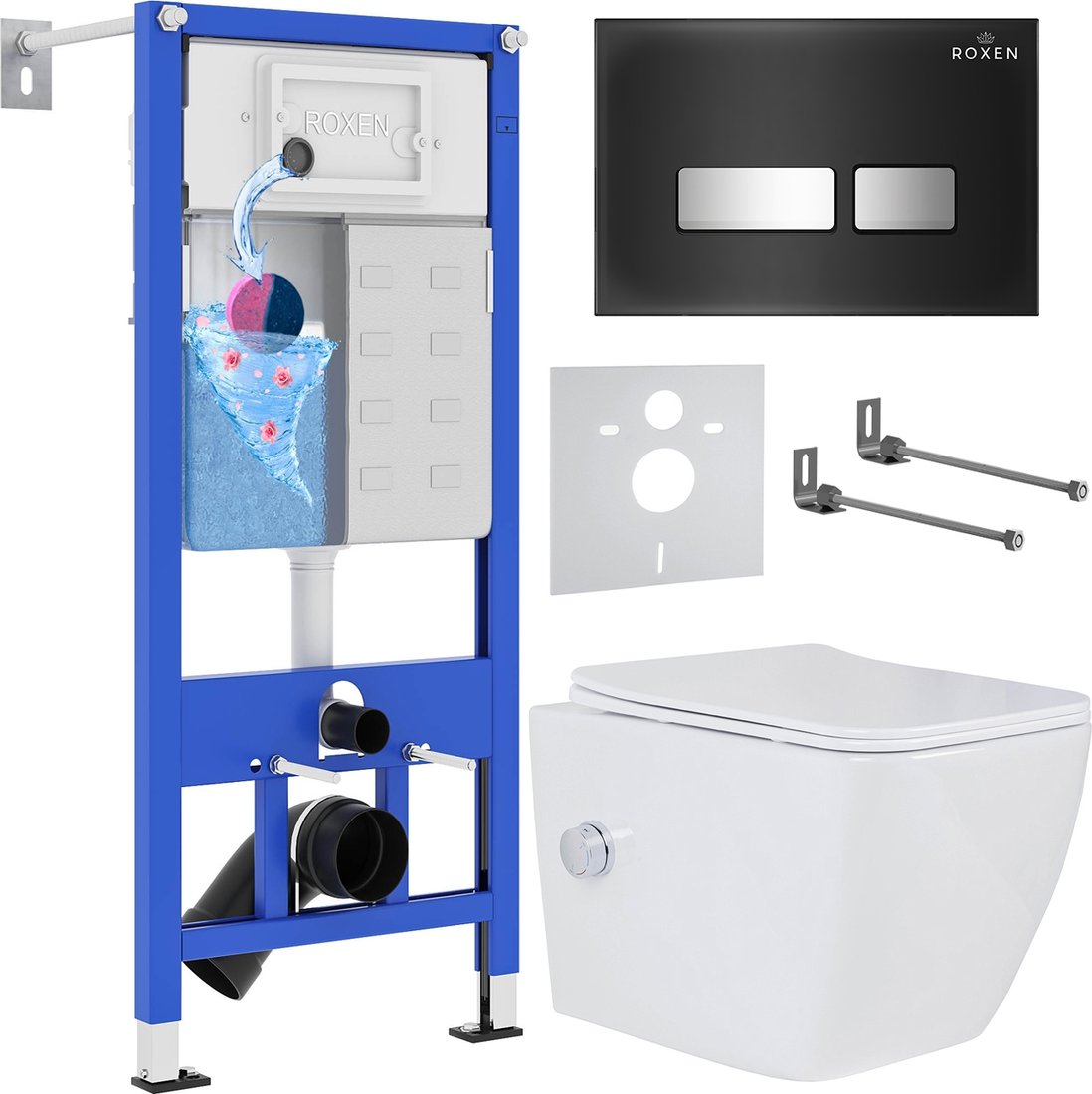 

Унитаз подвесной Roxen Cube Bidet One Rimless 6 в 1 StounFix Dual Fresh 649838 (чёрное стекло)