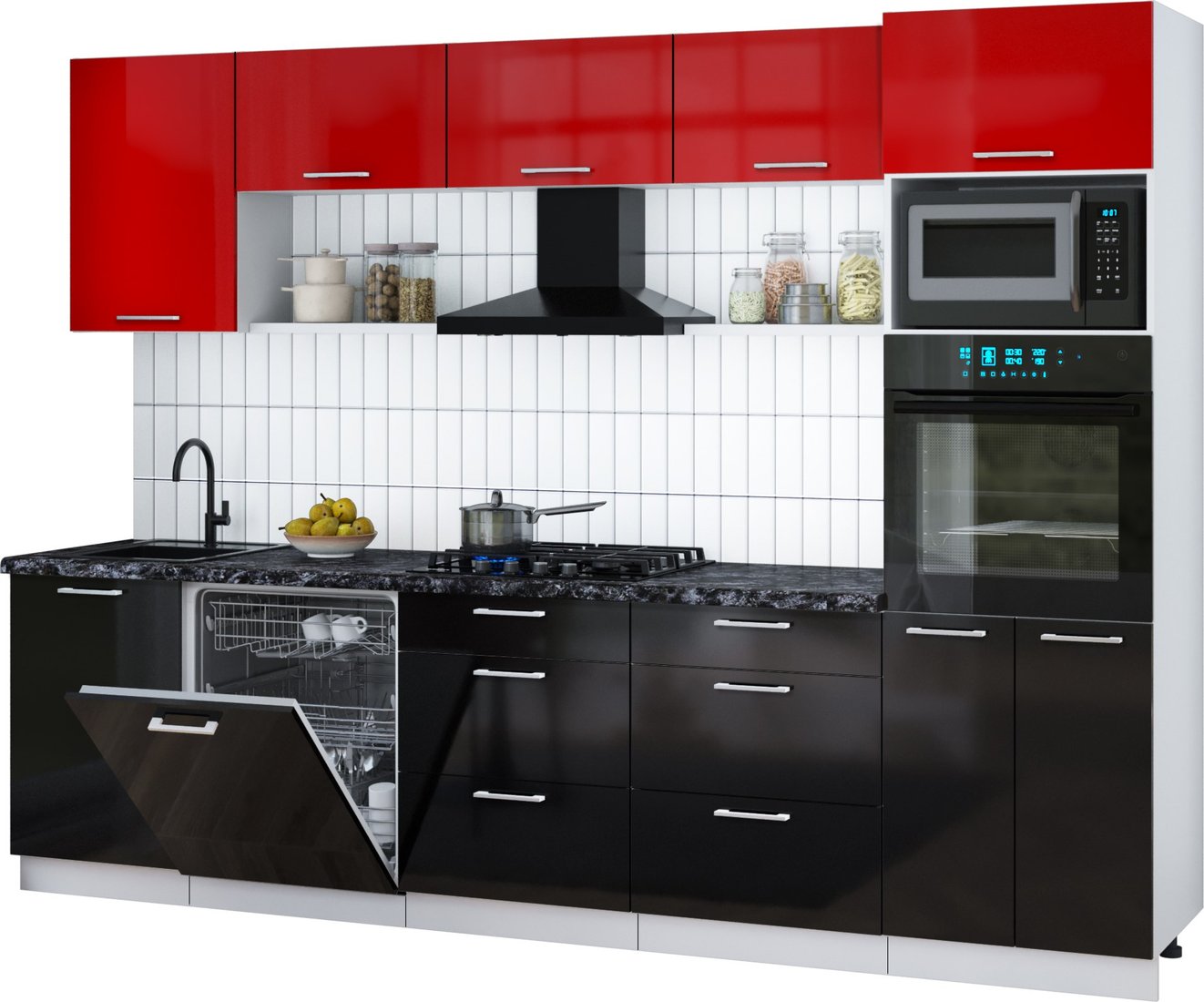 

Готовая кухня Интерлиния Мила Gloss 2.9-ПМ1 (черный глянец/красный глянец/кастилло темный)