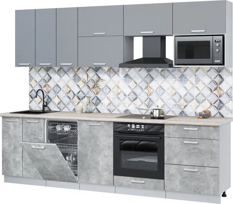 

Готовая кухня Интерлиния Мила Лайт 2.7-ПМ4 (серебро/бетон/травертин серый)