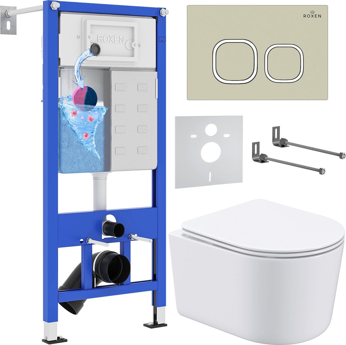 Унитаз подвесной Roxen Simple Compact в комплекте с инсталляцией StounFix Dual Fresh 6 в 1 966614 (кнопка: бежевый)