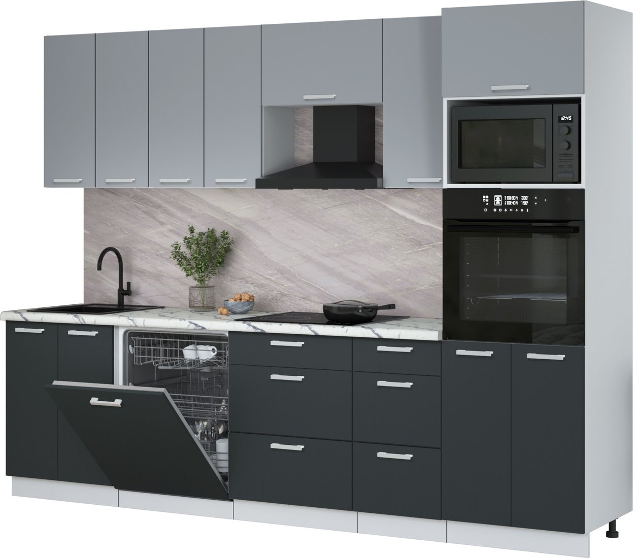 

Готовая кухня Интерлиния Мила Лайт 2.8-ПМ1 (серебро/антрацит/белый гранит)