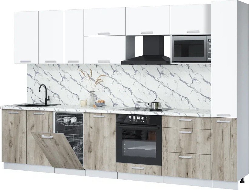 

Готовая кухня Интерлиния Мила Лайт 3.2-ПМ4 (белый платинум/дуб серый/белый гранит)