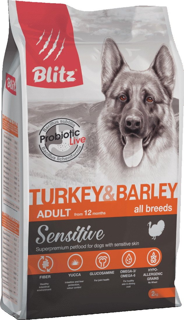 

Сухой корм для собак Blitz Sensitive Adult All Breeds Turkey & Barley (с индейкой и ячменем) 2 кг