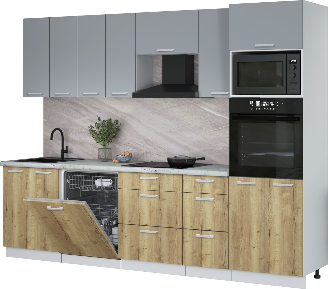 

Готовая кухня Интерлиния Мила Лайт 2.8-ПМ1 (серебро/дуб золотой/серый каспий)