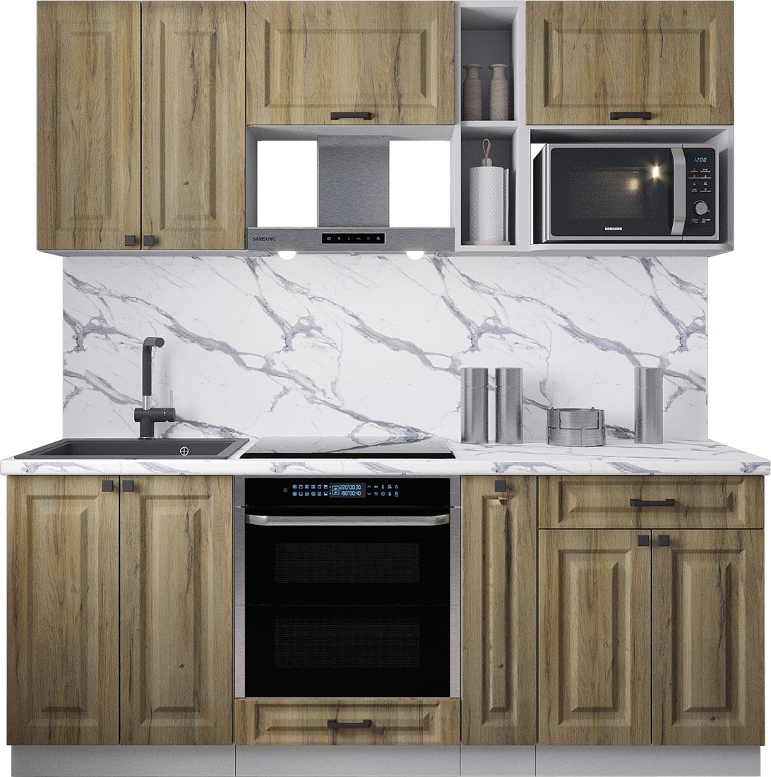 

Готовая кухня Интерлиния Мила Деко 2.0 (дуб вотан/дуб вотан/белый гранит)