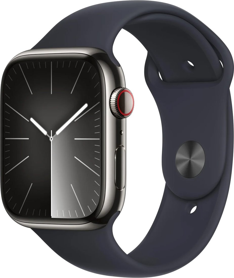 

Умные часы Apple Watch Series 9 LTE 45 мм (корпус из нержавеющей стали, графит/полуночный, спортивный силиконовый ремешок M/L)