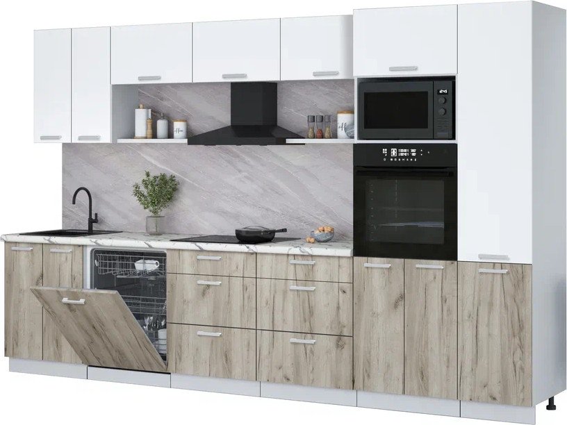 

Готовая кухня Интерлиния Мила Лайт 3.4-ПМ1 (белый платинум/дуб серый/белый гранит)