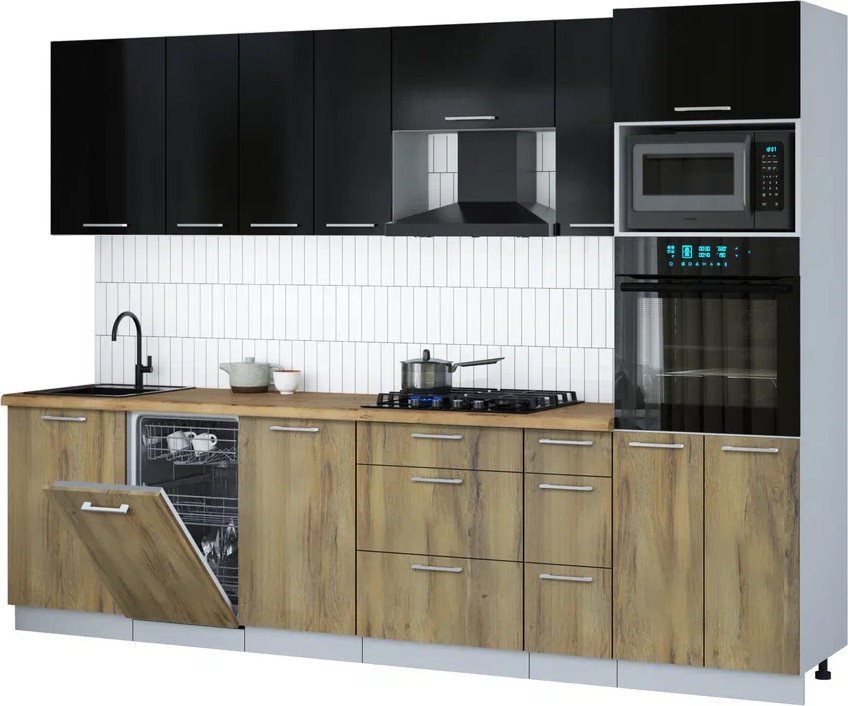 

Готовая кухня Интерлиния Мила Gloss 2.9-ПМ3 (дуб вотан/черный глянец/дуб бунратти)