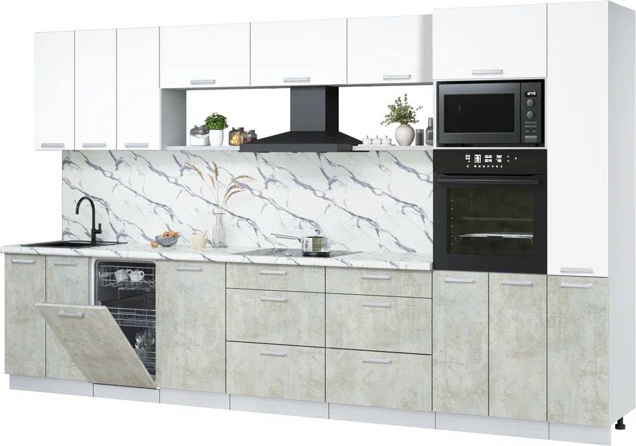 

Готовая кухня Интерлиния Мила Лайт 3.6-ПМ3 (белый платинум/бетон лайт/белый гранит)