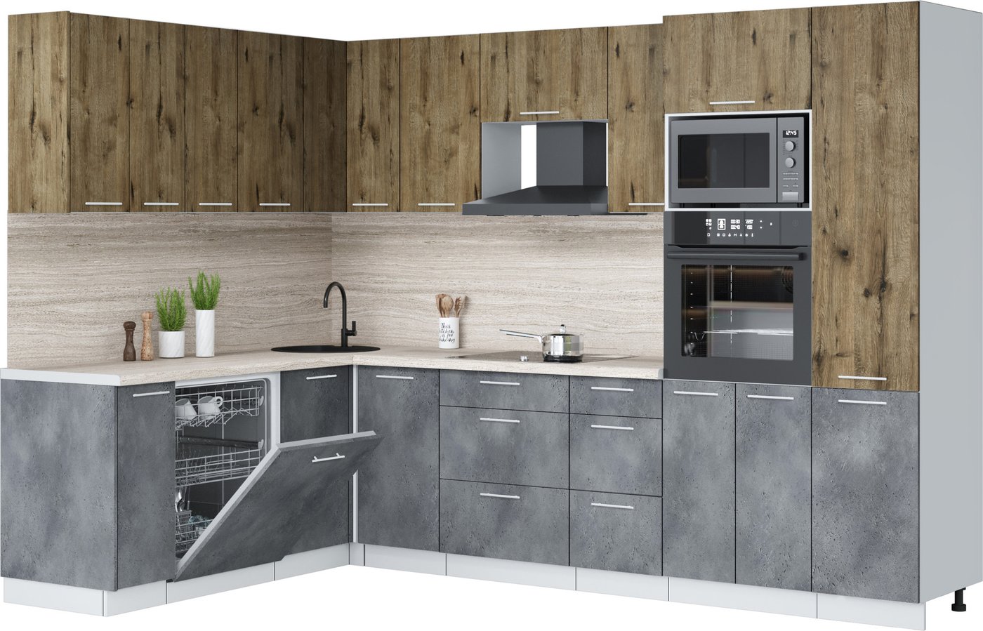 

Готовая кухня Интерлиния Мила Лайт 1.896х2.98 (дуб веллингтон/бетон портленд/травертин серый)