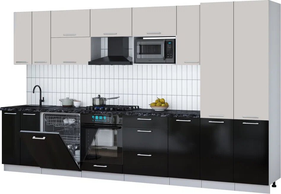 

Готовая кухня Интерлиния Мила Gloss 3.6-ПМ2 (черный глянец/кашемир/кастилло темный)