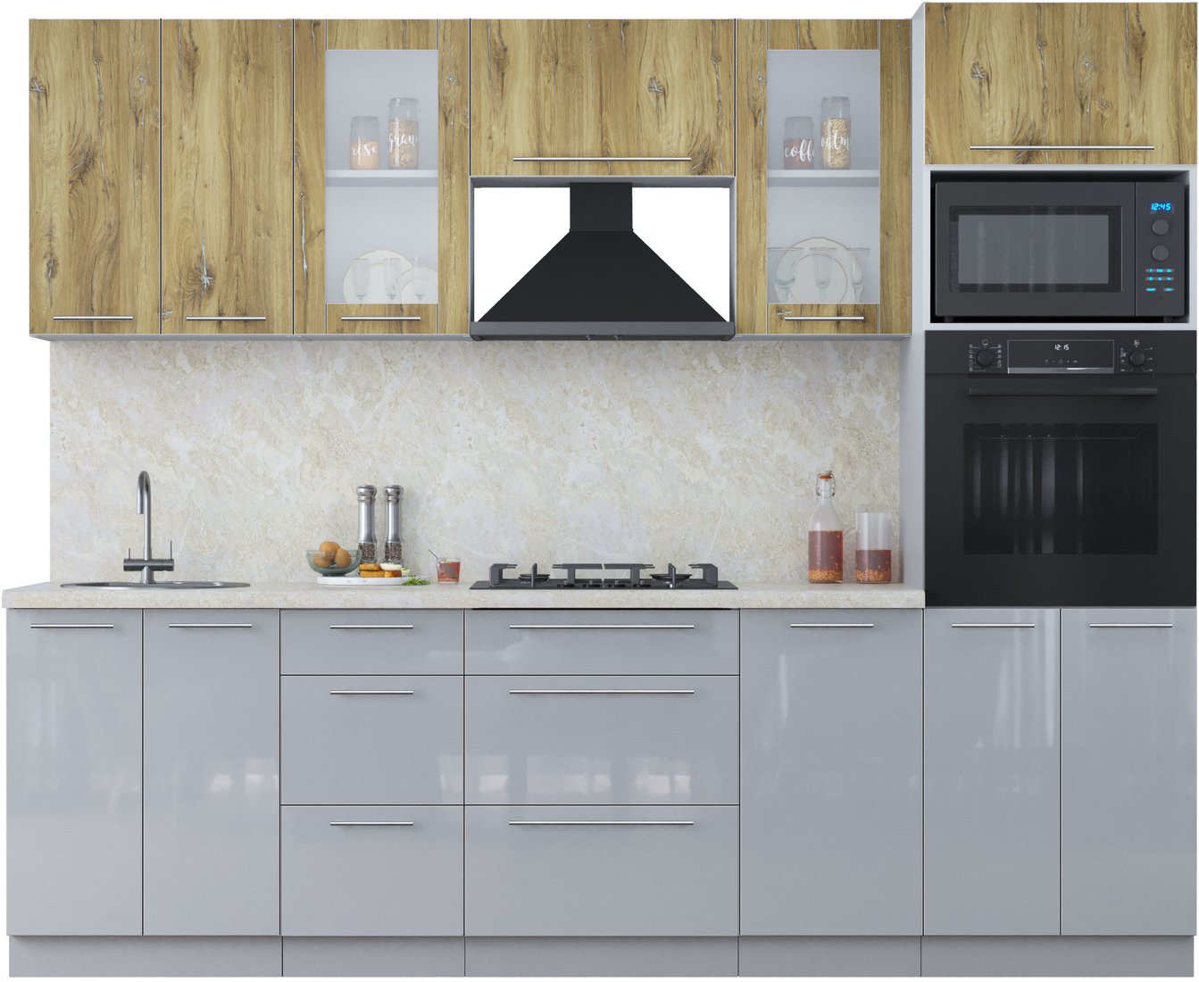 

Готовая кухня Интерлиния Мила Пластик 2.6 (дуб эпоксид/туманный глянец/опал светлый)