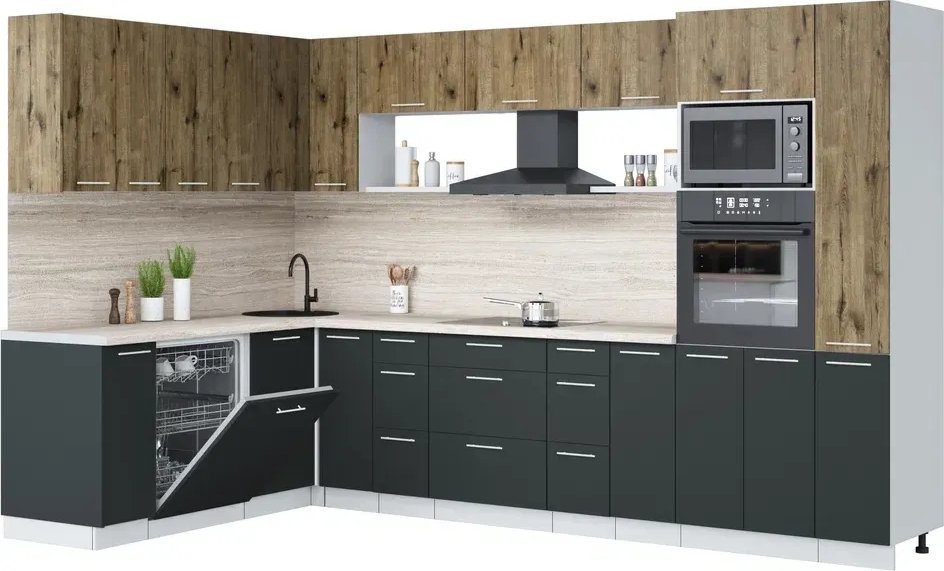 

Готовая кухня Интерлиния Мила Лайт 1.896х3.28 (дуб веллингтон/антрацит/травертин серый)