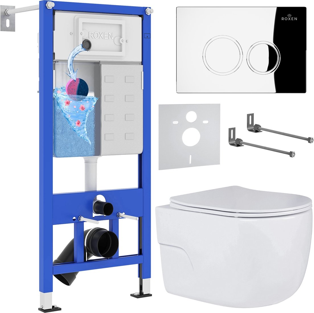 

Унитаз подвесной Roxen Porto One Rimless 6 в 1 StounFix Dual Fresh 516917 (кнопка: хром)