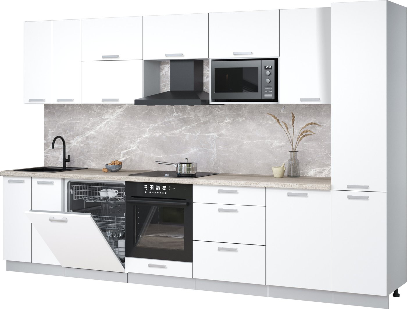 

Готовая кухня Интерлиния Мила Лайт 3.3-ПМ2 (белый платинум/белый платинум/травертин серый)