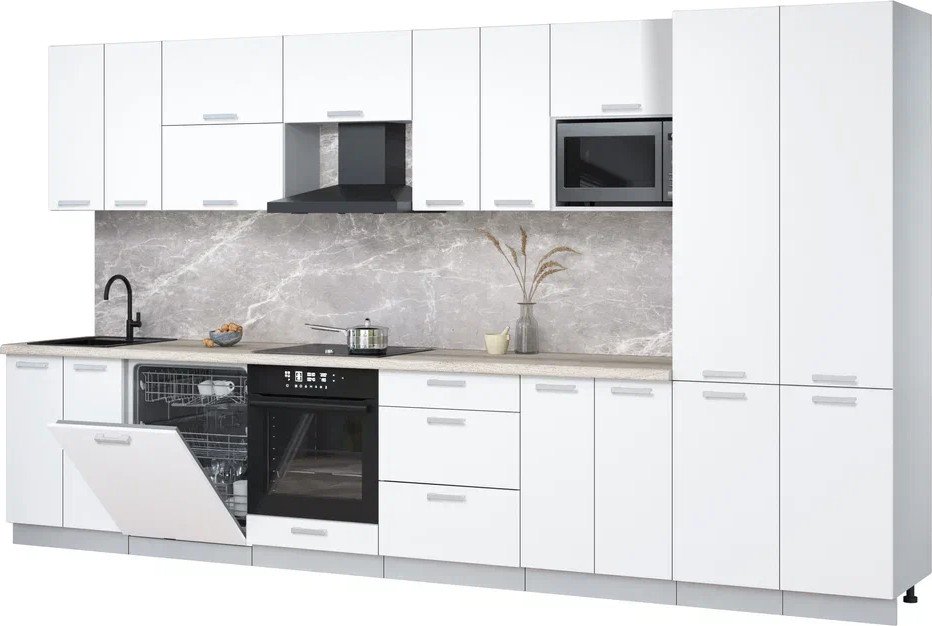 

Готовая кухня Интерлиния Мила Лайт 3.8-ПМ2 (белый платинум/белый платинум/травертин серый)