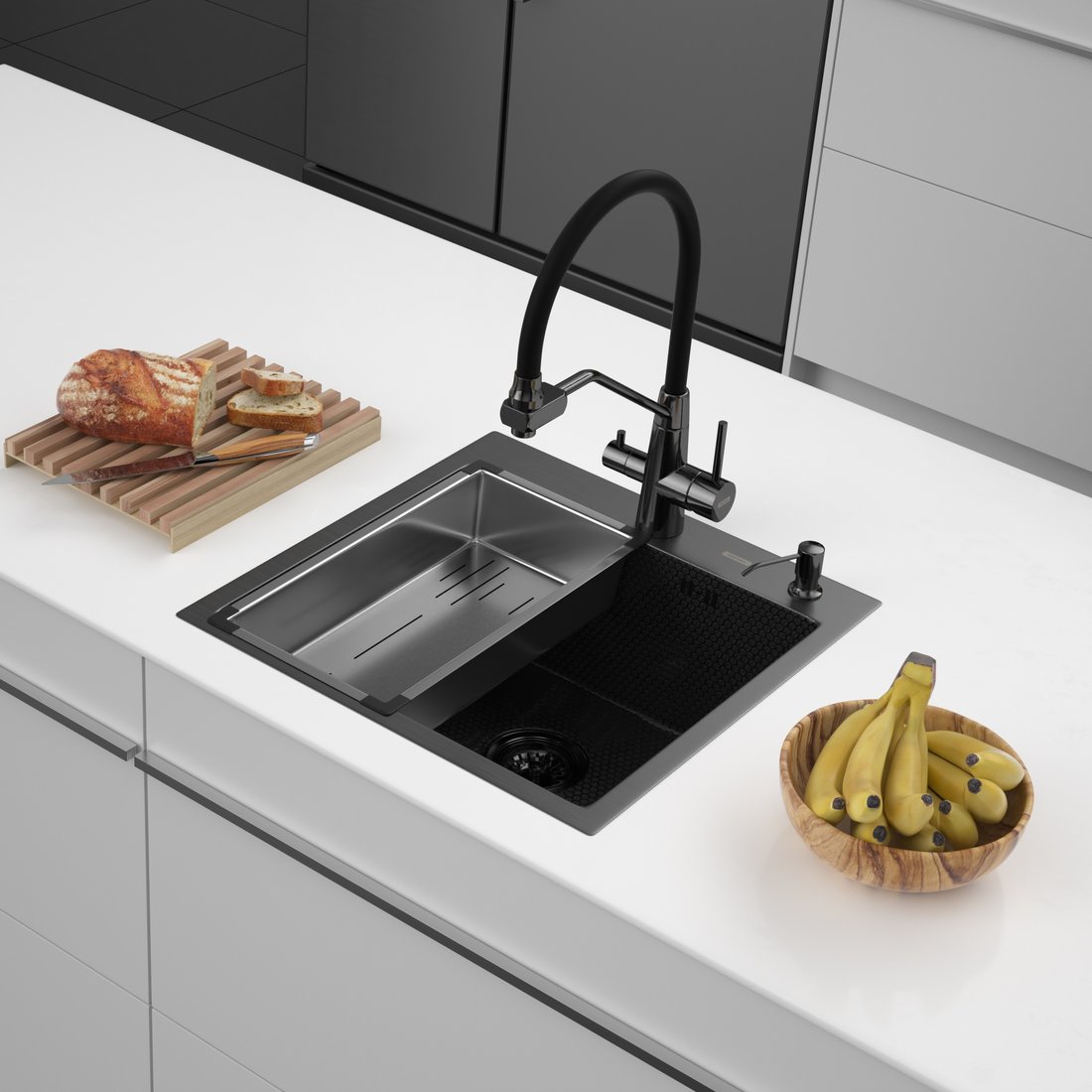 

Кухонная мойка ARFEKA Eco AR мойка 500*500, коландер G, дозатор Black Decor