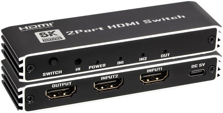 

Переключатель USBTOP 2×1 HDMI 2.1 UltraHD 8K 60Гц, HDCP 2.3, пульт ДУ, активный 559411 (черный)