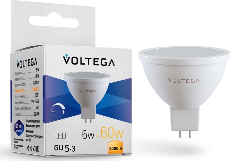 

Светодиодная лампочка Voltega Simple MR16 6W 3000K 110° GU5.3 DIM