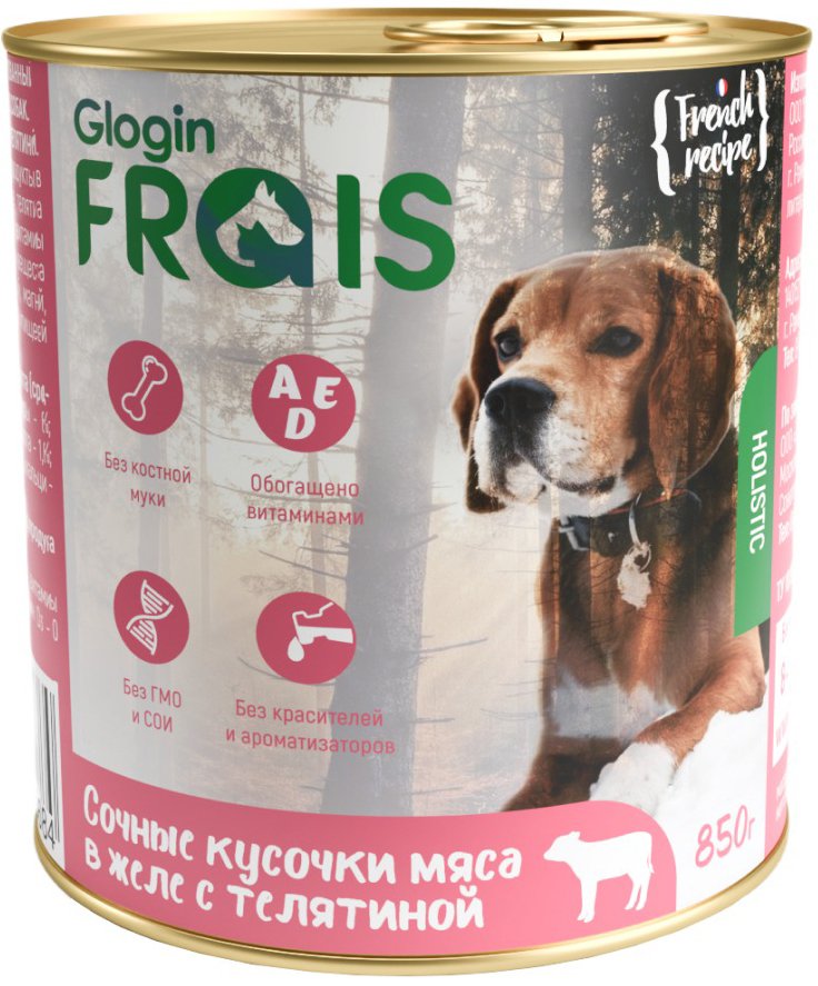 

Консервированный корм для собак Frais Holistic Dog мясные кусочки с телятиной в желе (850г)