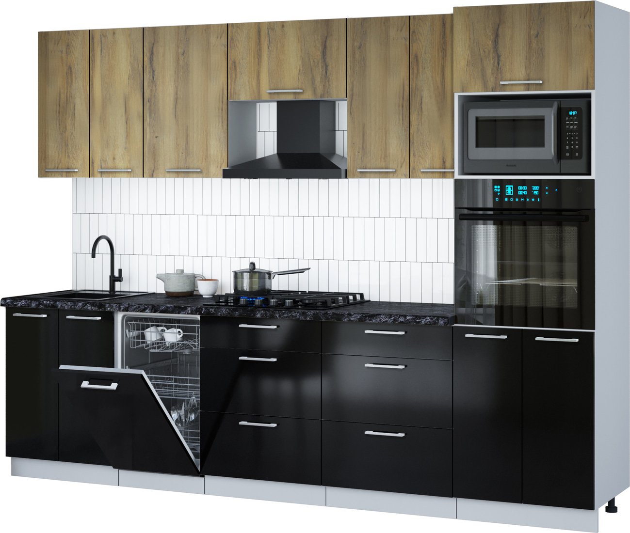 

Готовая кухня Интерлиния Мила Gloss 2.85-ПМ3 (черный глянец/дуб вотан/кастилло темный)