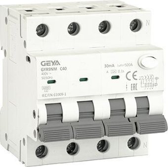 Дифференциальный автомат GEYA GYR9NM-C40-30mA 3P+N 40A C 6 kA 30mA A 4M GYR9NM3PC40A30