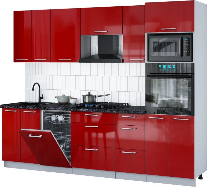

Готовая кухня Интерлиния Мила Gloss 2.65-ПМ3 (красный глянец/красный глянец/кастилло темный)