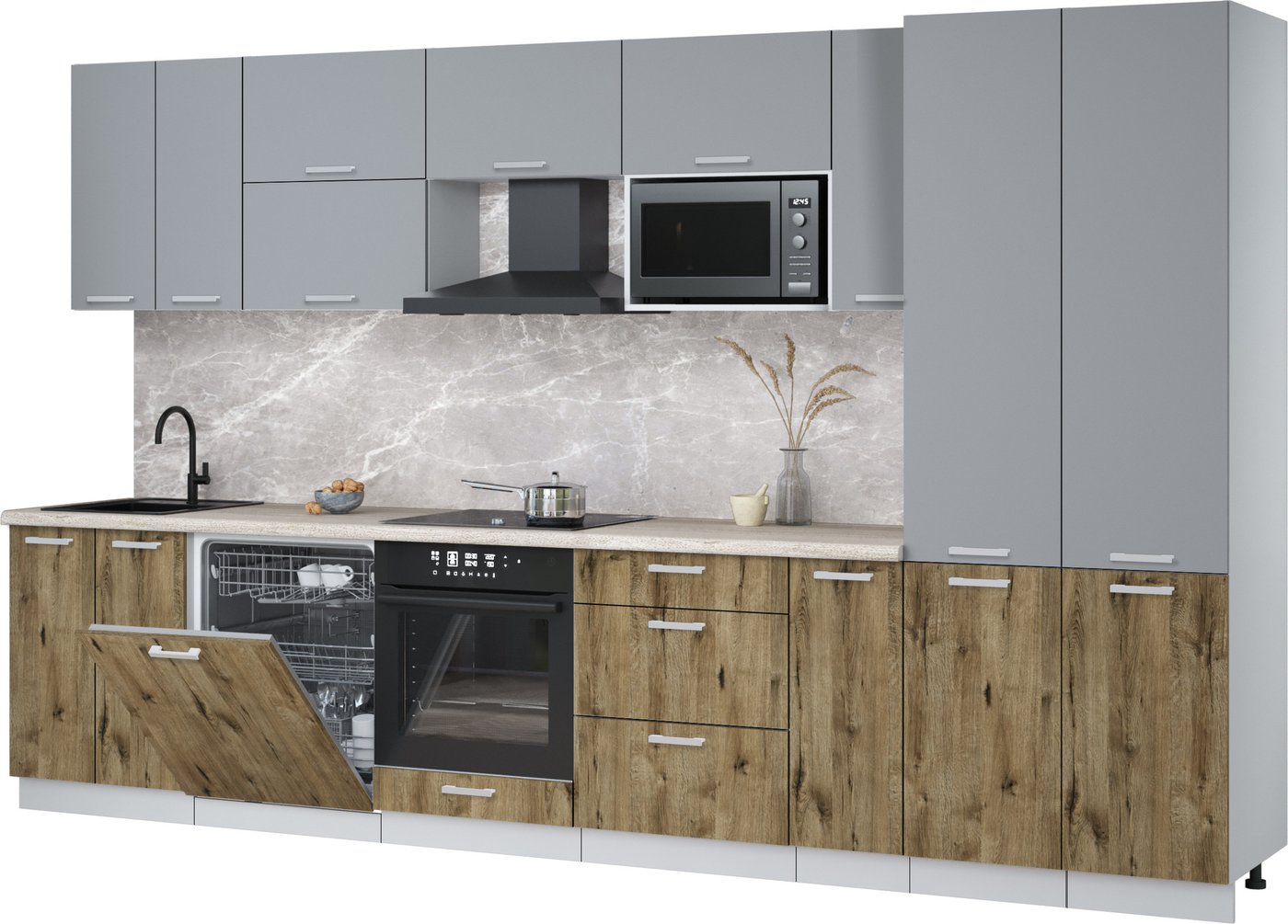 

Готовая кухня Интерлиния Мила Лайт 3.5-ПМ2 (серебро/дуб веллингтон/травертин серый)