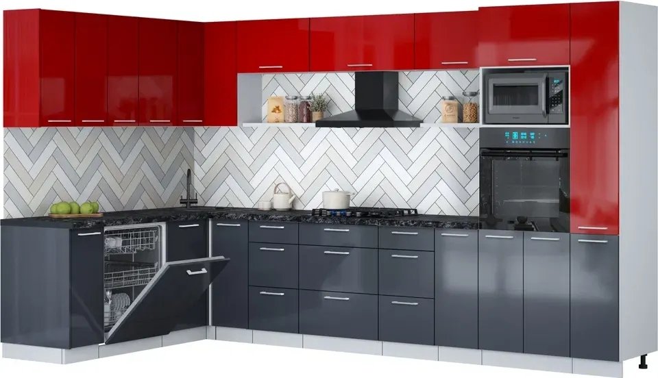

Готовая кухня Интерлиния Мила Gloss 1.896х3.48 (асфальт глянец/красный глянец/кастилло темный)