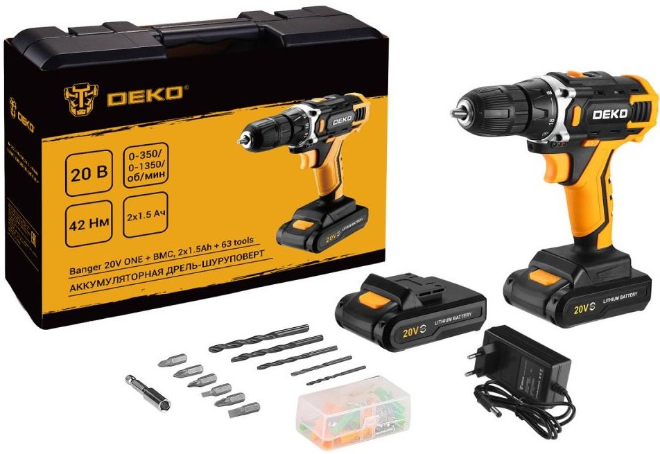 

Дрель-шуруповерт Deko Banger 20V ONE + Set 63 083-1043 (с 2-мя АКБ, кейс)