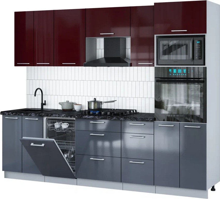 

Готовая кухня Интерлиния Мила Gloss 2.65-ПМ3 (асфальт глянец/бордовый глянец/кастилло темный)