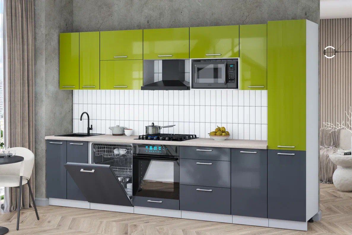 

Готовая кухня Интерлиния Мила Gloss 3.2-ПМ2 (асфальт глянец/яблоко глянец/травертин серый)