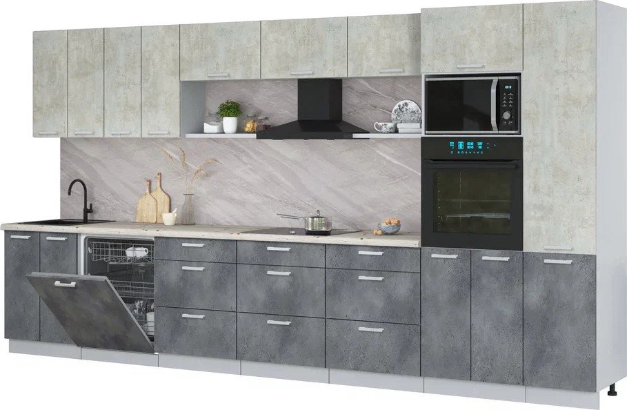 

Готовая кухня Интерлиния Мила Лайт 4.0-ПМ1 (бетон лайт/бетон портленд/бискайская сосна)