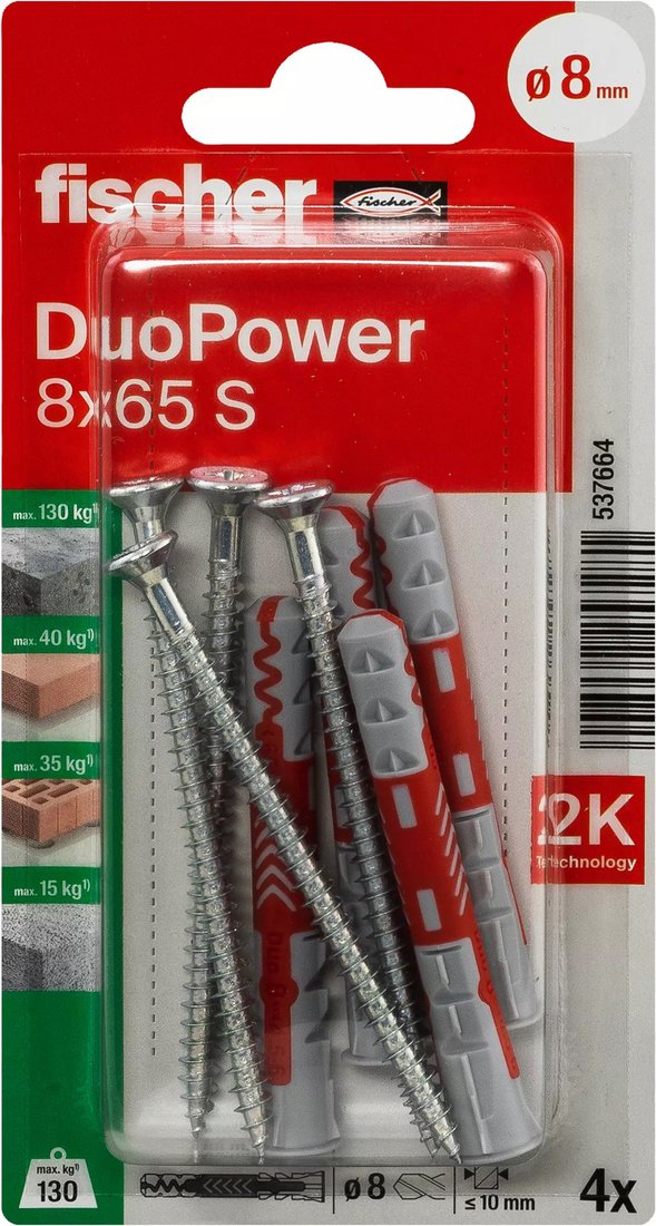 

Дюбель-гвоздь Fischer DuoPower 8 x 65 S K NV 537664 (4 шт)