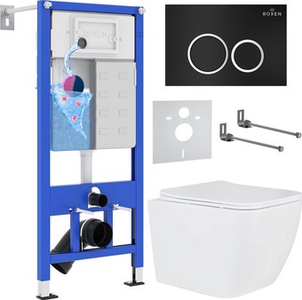 Унитаз подвесной Roxen Cube One Rimless 6 в 1 StounFix Dual Fresh 506802 (кнопка: черный матовый)