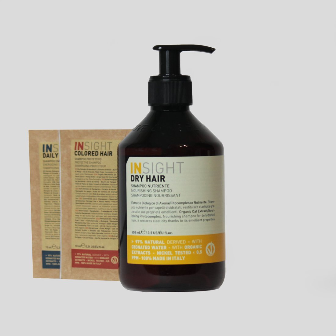 

Набор средств Insight Dry Hair MIDR031 (Шампунь увлажняющий для сухих волос Nourishing Shampoo IDR031 400 мл + PMIN008 + PMIN007)