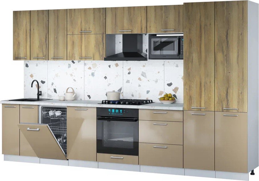 

Готовая кухня Интерлиния Мила Gloss 3.5-ПМ4 (капучино глянец/дуб вотан/серый каспий)