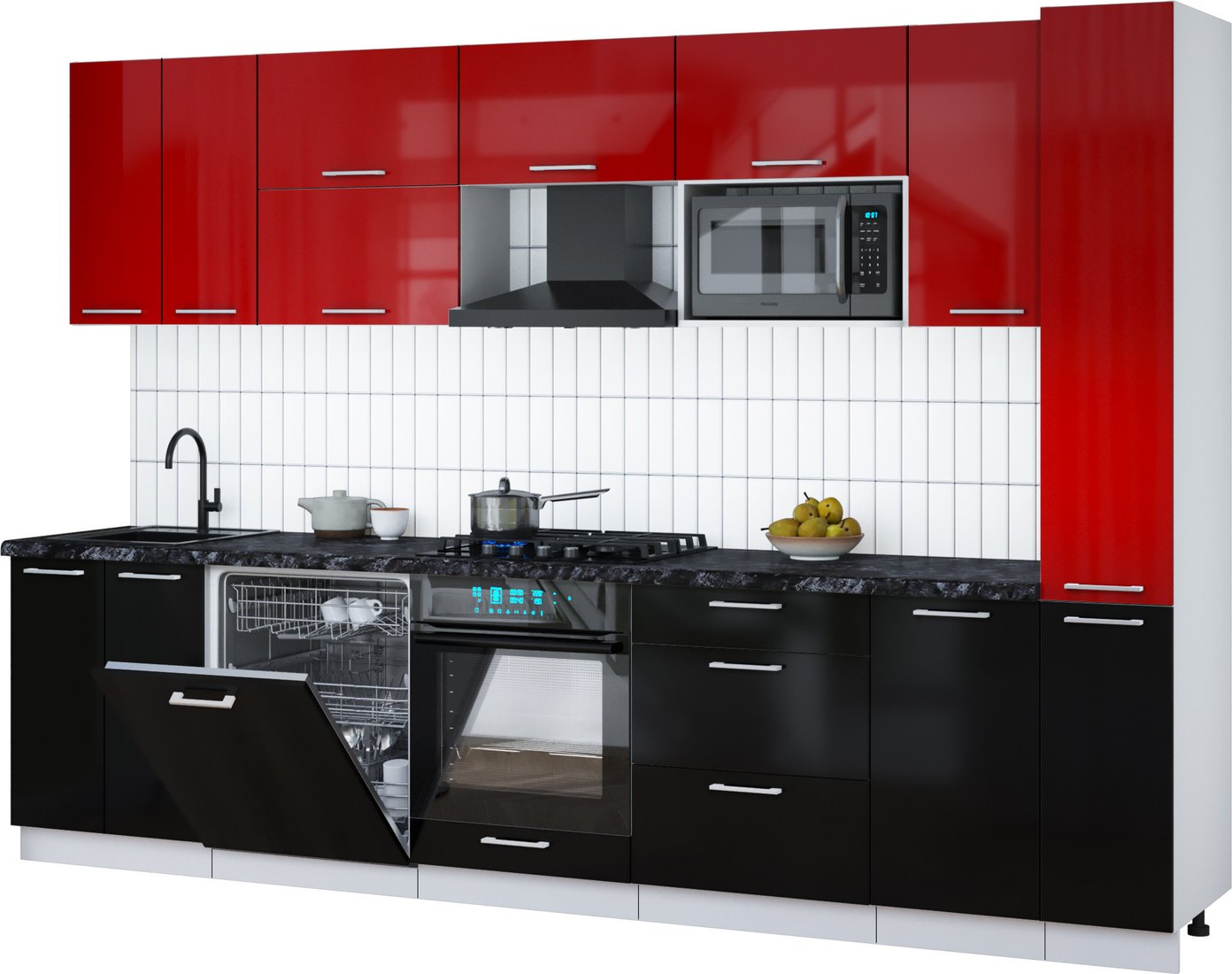 

Готовая кухня Интерлиния Мила Gloss 3.1-ПМ2 (черный глянец/красный глянец/кастилло темный)