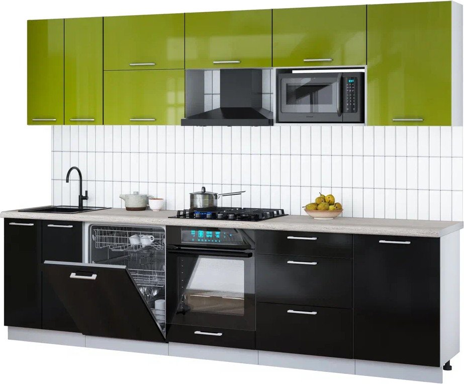 

Готовая кухня Интерлиния Мила Gloss 2.9-ПМ2 (черный глянец/яблоко глянец/травертин серый)