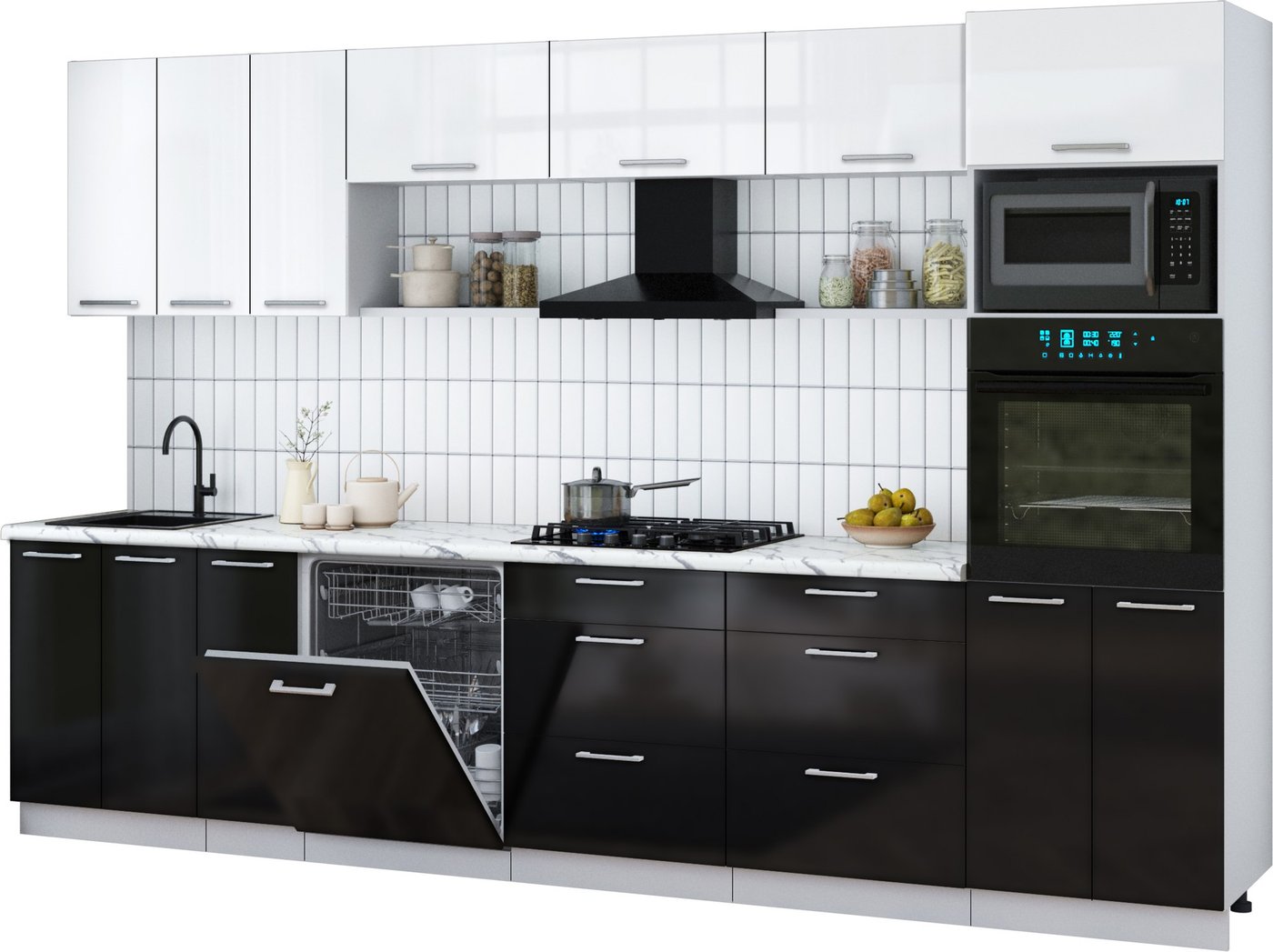 

Готовая кухня Интерлиния Мила Gloss 3.3-ПМ1-2 (черный глянец/белый глянец/белый гранит)