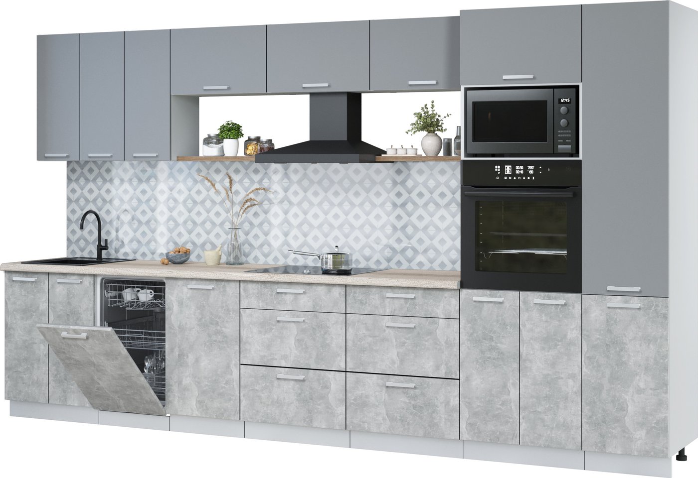 

Готовая кухня Интерлиния Мила Лайт 3.7-ПМ3 (серебро/бетон/травертин серый)