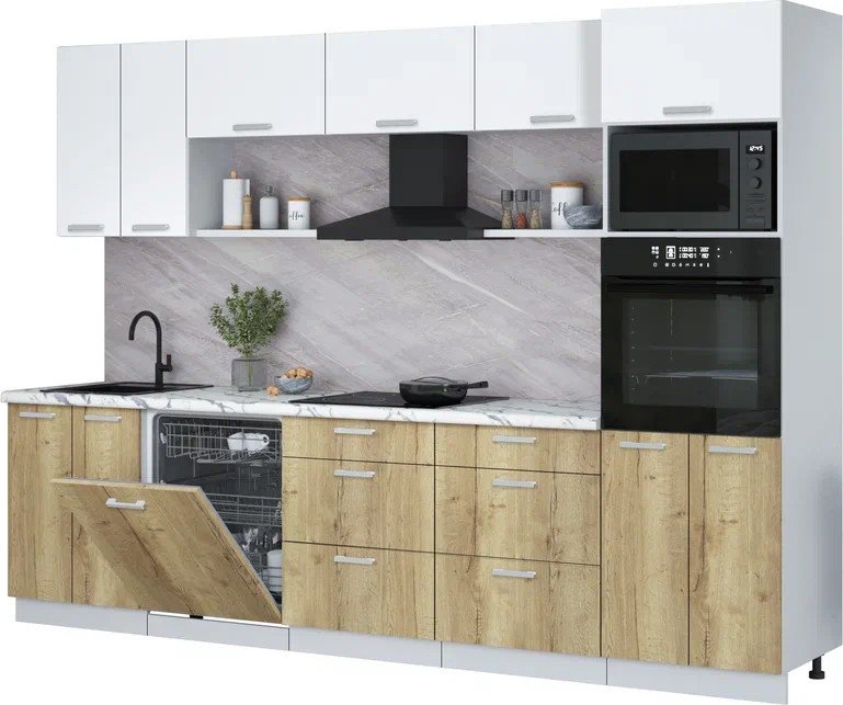 

Готовая кухня Интерлиния Мила Лайт 3.0-ПМ1 (белый платинум/дуб золотой/белый гранит)